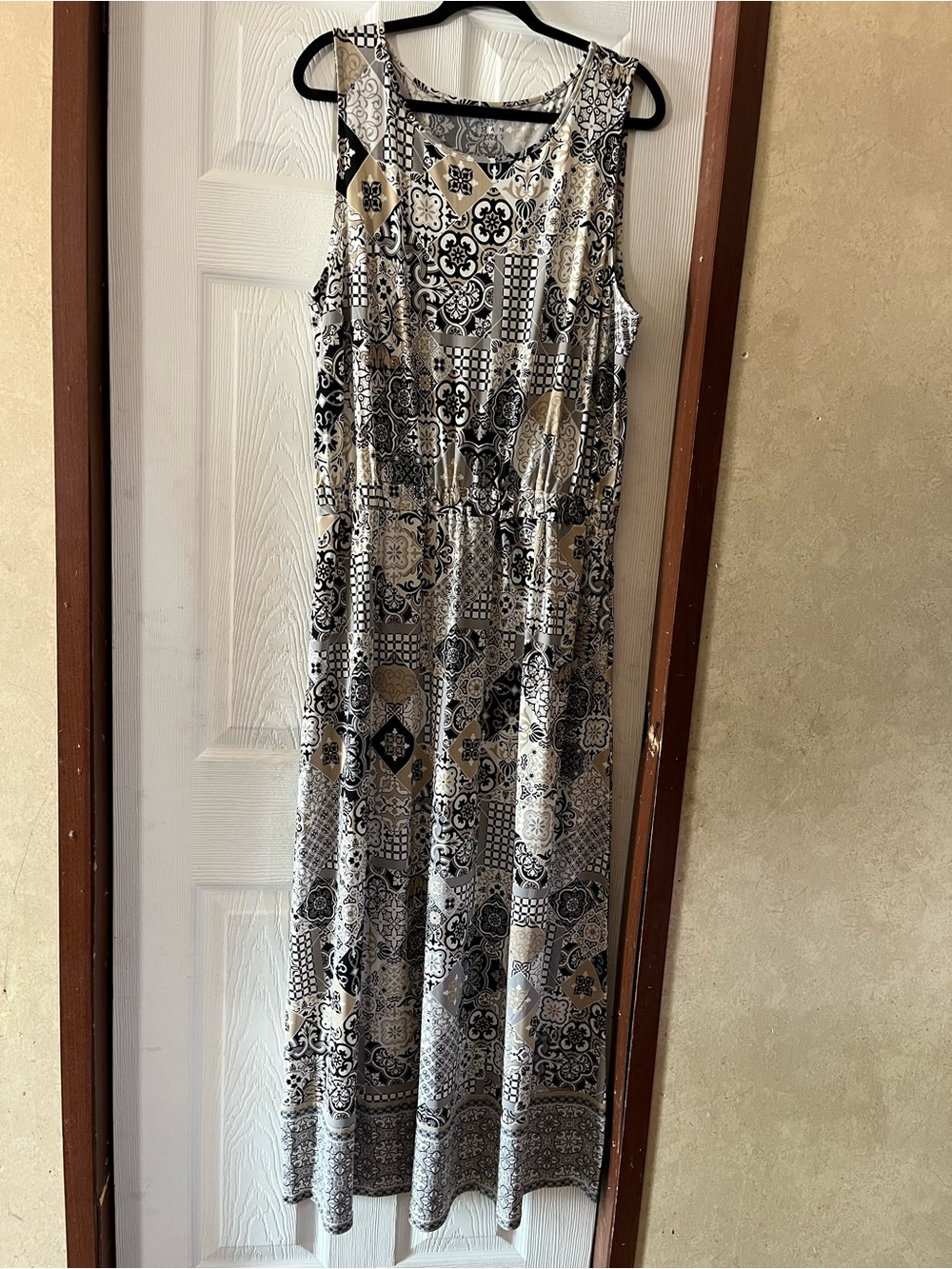 Joan Rivers Classics Luxe Knit Maxi Dress Grey Mosaic Tile Print - Size L